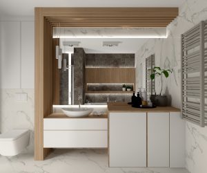 Łazienka – marmur i drewnmo