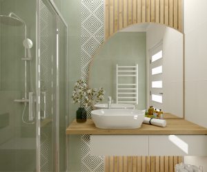 Zielona łazienka z drewnem